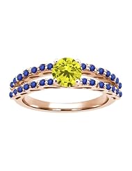 1.12 Ct Round Canary Diamond Blue Sapphire 18K Rose Gold Ring