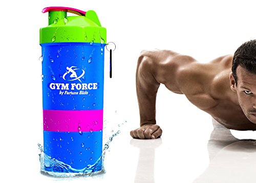 GYM FORCE # 1 Protein Shaker Bottle | Weight Loss Diet BPA Bodybuilding intelligents Shakers Qualité garantie avec Voyage Coupe du compartiment en acier inoxydable Blender Ball dans rose, bleu, vert pour hommes et femmes