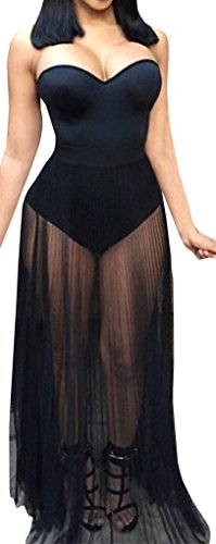 Baifern Women's Sexy Bustier Off Shoulder Low Cut See Through Sleeveless Dress