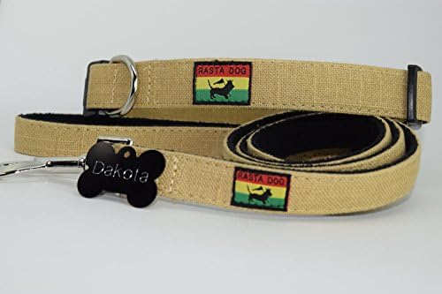 RASTA DOG Fleece Lined Bamboo Dog Collar & Leash Set Bundle with FREE ID TAG Sizes S M L XL Red Black Tan Grey (Medium: 14"-20" length 3/4" wide, Tan)