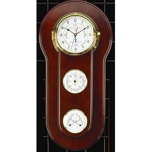 Nautical Boat Weather Master Tide and Time Clock, Barometer, Thermometer,Hygrometer in Solid Brass Beveled Glass and Mahogany Wood Base by