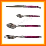 Authentic French LAGUIOLE - 24 pcs flatware set - PINK color - in HEAVIER 25/10 stainless steel - blade : 2.5 mm thick (very sturdy !) - knives + soup spoons + dessert/coffee spoons + large forks (official Jean Dubost COMPLETE full family quality dinner table cutlery setting for 6 people - dishwasher safe - gift-wrap available! - direct from FRANCE)