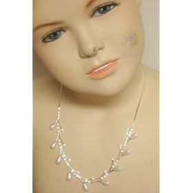 Sterling Silver White Simulated Pearl Necklace with Crystals and Rhinestone Pendant and Matching...