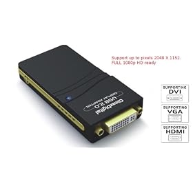 ClimaxDigital CUH195 USB 2.0 to DVI,VGA or HDMI Adaptor (supports up to 2048 X 1152)*1080p Full HD ready * External Videocard * Multi Display Adapter/splitter/converter ** Includes DVI to HDMI adaptor and DVI to VGA adaptor**supports XP/Vista/Windows 7/Mac OS**