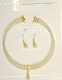 Three Strands Ivory Faux Pearl Choker Necklace and Matching Earrings for Women and Teens