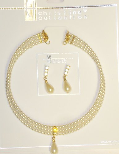 Three Strands Small Simulated Ivory Pearl on Genuine Gold Plated Choker Necklace Earrings for Teens