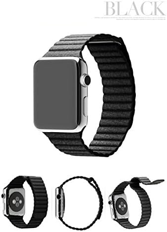 Apple Watch Black Leather Loop Wrist Band, Strap, New Replacement, 38mm with Strong Magnet and Built in Adapters for iWatch and the Sport Edition