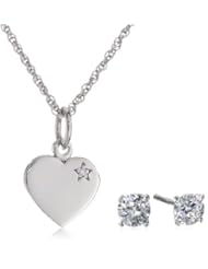 Sterling Silver Cubic Zirconia Polished Heart Pendant Necklace and Earrings Jewelry Set