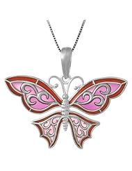 Sterling Silver Butterfly Necklace Pendant with Pink Enamel Filigree Wings with Box Chain
