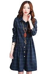 Long Sleeves Cotton Spring Fall Plaid Print  Shirt  Dress