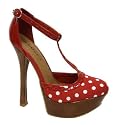 Ladies Red polka dot high heel t bar platform shoes with brown heel NEW