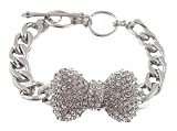 Silver with Clear Iced Out Large 3D Bow 9 Inch Cuban Chain Link 12mm Adjustable Bracelet