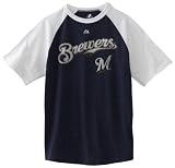 MLB Boys' Milwaukee Brewers Junior League Short Sleeve Raglan Overdyed Tee (Athletic Navy Heather/White, Large)