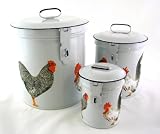 French Country Canister Set ~ Kitchen Storage Canisters ~ Decorative Containers E4~ White Retro Enamel with Vintage French Roosters