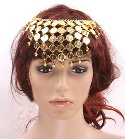 Bellyqueen Belly Dance Deluxe V-Shape Metal Headband With Coins, Gold & Silver For Choose, Price/Piece