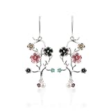 Sterling Silver Pink, Brown, Ivory and Light Green Enamel with Purple Bead and Freshwater Cultured Pearl Flower Chandelier Earrings