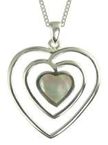 Silver Ladies White Mother of Pearl 3 Row Heart Pendant 18" Curb