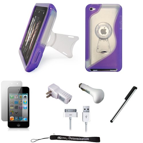 Purple Premium Stand Alone Durable Kickstand Hard TPU Cover Skin Case for New Apple iPod Touch 4 ( 4th Generation 8GB 16GB 32GB ) + Includes a Anti Glare Screen Protector + Includes a USB Travel Car Charger with LED Power Indicator and Overcharge Protecti