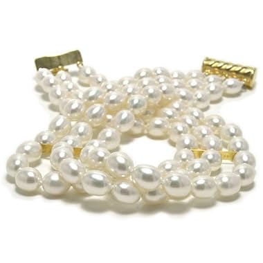 HinsonGayle AAA Triple Strand White Rice Pearl Bracelet (14K Yellow Gold)