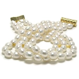 HinsonGayle AAA Triple Strand White Rice Pearl Bracelet (14K Yellow Gold) by