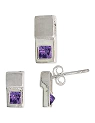Sterling Silver Matte-finish Fancy Earrings (10mm tall) & Pendant Slide (12mm tall) Set, w/ Princess Cut Blue Sapphire-colored CZ Stones