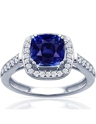14K White Gold Cushion Cut Blue Sapphire Ring With Sidestones