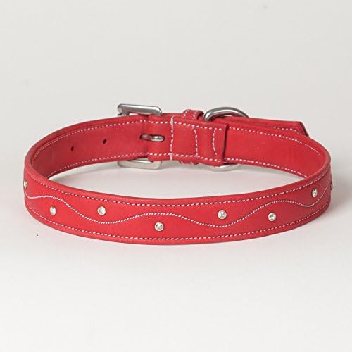 Large Rhinestone Soft Red Napa Leather Padded Swarovski Jewel Dog Collar; Fits 17" - 21" Neck Size
