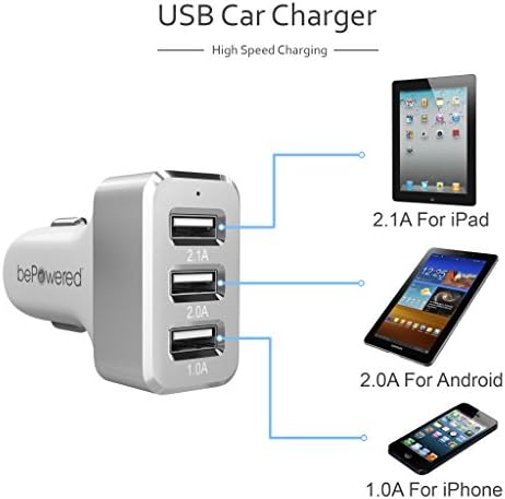 bePowered® 5.1 Amp Multiple USB Car Charger for Apple & Android Devices - The Silver Bolt - w/ Lifetime Warranty & Free PDF