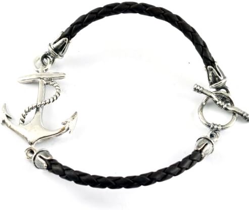 Silver Anchor Bracelet with Dark Brown Leather