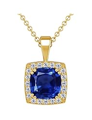 18K Yellow Gold Cushion Cut Blue Sapphire And Round Diamond Pendant (GIA Certificate)