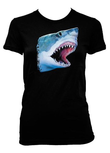 Great White Shark Women's T-shirt, Awesome Realistic 3D Design Great White Womens Shirt, Medium, White
