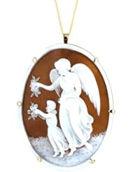 14k Yellow Gold Italian Sardonyx Shell Cameo Guard Angel Pin-Pendant Necklace, 18"