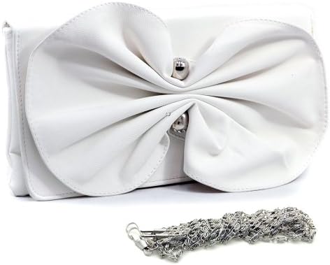 Dasein Women's Bow Front Leather Like Clutch Evening Purse Bag w/ Rhinestone Pin -White