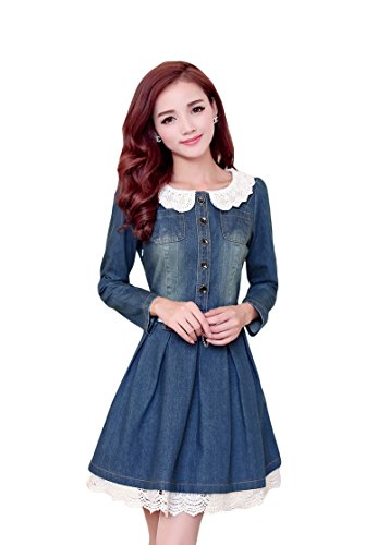 レディース カジュアル ワンピース デニムスカート 襟レース スリム 美脚 長袖 大きいサイズ 春物 旅行 かわいいスカーフ付き AT0046