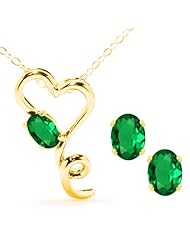 1.60 Ct Oval Green Nano Emerald 14K Yellow Gold Pendant Earrings Set