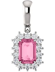 14K White Gold 7.00x5.00mm Emerald Cut Chatham Created Pink Sapphire and Diamond Pendant -- LIFETIME WARRANTY