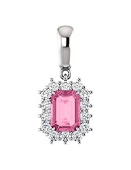 10K White Gold 7.00x5.00mm Emerald Cut Chatham Created Pink Sapphire and Diamond Pendant -- LIFETIME WARRANTY
