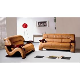 Elegant Caramel Leather Sofa Loveseat Living Room Set Contemporary Furniture