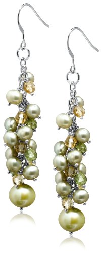 Dyed Freshwater Cultured Pearl, Peridot and Citrine Dangle Earrings
