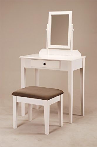 Contemporary Vanity Set with Adjustable Mirror and Brown Cushion Stool White Finish