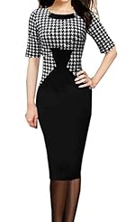 Sexy Houndstooth Print Cocktail Elbow Length Sleeves Polyester/Rayon/Spandex Illusion Vintage Party Dress 