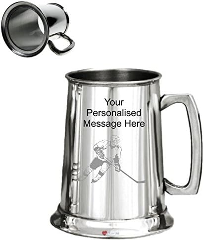 1 Pint Personalised Engraved Plain Glass Bottom Pewter Tankard With Ice Hockey Player Design