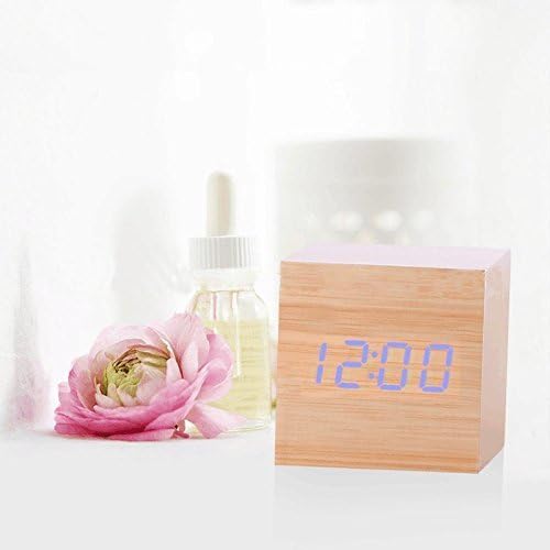 Digital Alarm Clock-VC Mall Cube Design Mini LED Wooden Desk Clock with Voice Control &amp; Temperature Display for Kids,Home,Office