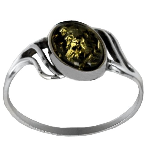 Sterling Silver Green Amber Small Oval Ring, Size 6