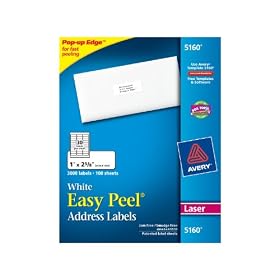 Avery Easy Peel White Mailing Labels for Laser Printers, 1 x 2.62 Inch, Box of 3000 Labels (5160) by 