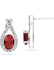 Garnet & Diamonds Oval Shape Earrings in White Gold