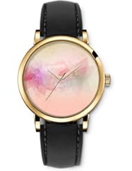 SPRAWL Aanalog Fashion Series Gold Ladies Watches of Genuine Black Leather Strap,Unique Wrist Watch for Women Girls Designed with opaque Flores
