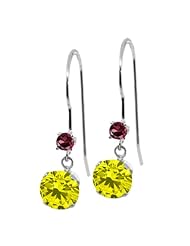 1.28 Ct Round Canary Diamond Red Rhodolite Garnet 14K White Gold Earrings