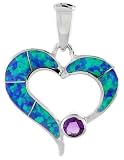 Sterling Silver Open Heart Pendant, Inlaid w/ Lab Opal with 4 mm Amethyst CZ