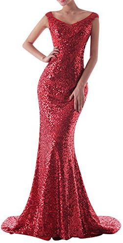 LISTEN TO ME Women's 2015 V-neck Sequins Mermiad Red Prom Gown